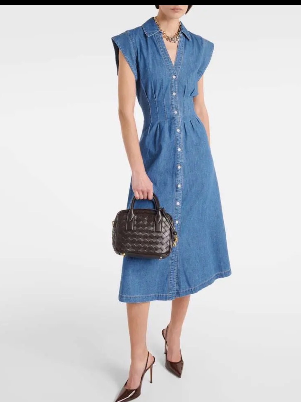 Veronica Beard Ruben Cotton Chambray Shirt Dress Button-Front Denim Midi Dress